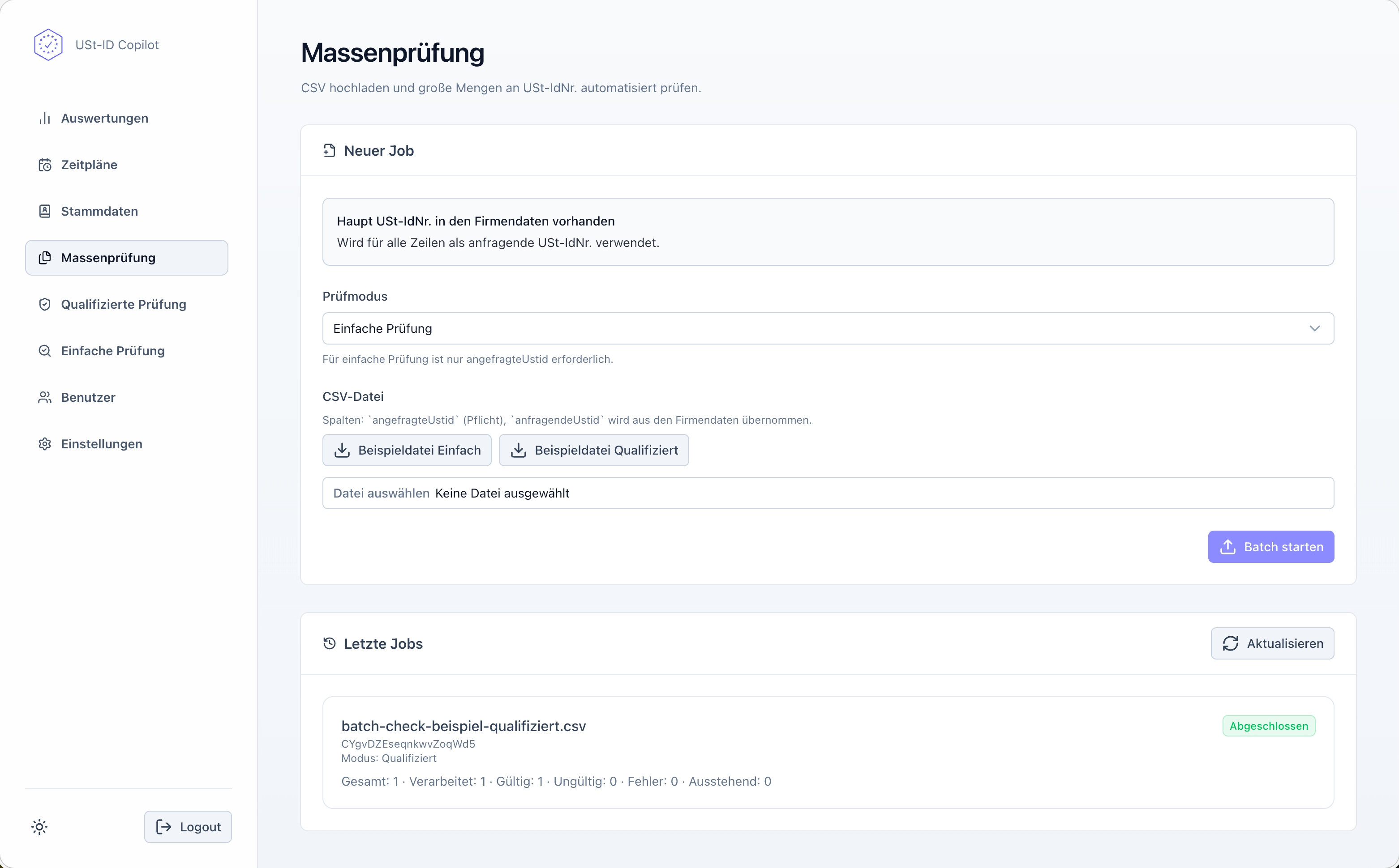 Stapelprüfung mit CSV-Upload in der USt-ID Copilot App